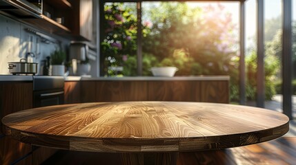 Empty beautiful round wood tabletop counter in clean and bright kitchen background