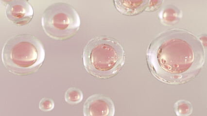 Poster - 3D cosmetic rendering Serum bubbles of various colors on a blurred background. Design of collagen bubbles. Elements of Moisturizing and Serum Concept. Concept of vitamins for beauty and personal care.