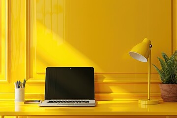Wall Mural - Produce a modern and elegant image of a laptop on a clean, yellow desk, with a white background and a small desk lamp beside it