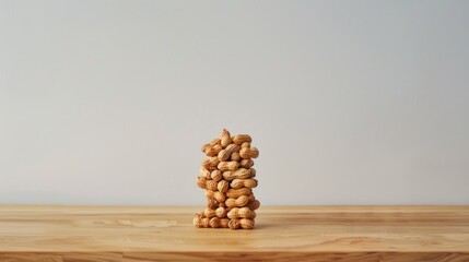 Wall Mural - Unshelled peanuts stacked on a wooden surface against a white backdrop