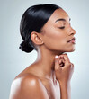 © peopleimages.com - Skincare, face and eyes closed in side profile for luxury facial treatment and transformation in studio. Beauty, female person or model with dermatology, collagen and cosmetics for natural skin glow