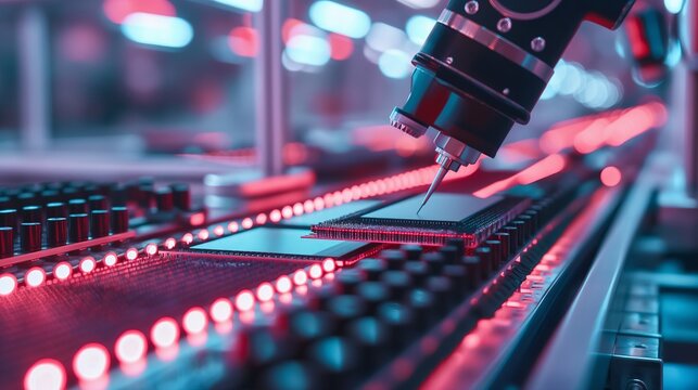 Precision robotics at work in the production of an electronic chip, highlighting advanced technology