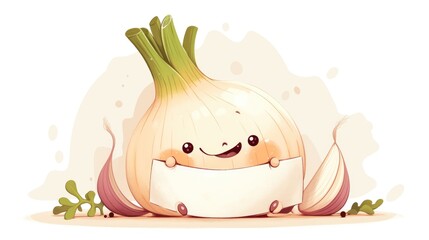 Canvas Print - An adorable and cheerful cartoon onion is smiling as it playfully holds a blank card or banner in its hands