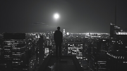 Canvas Print - A man stands on a rooftop looking out over a city at night