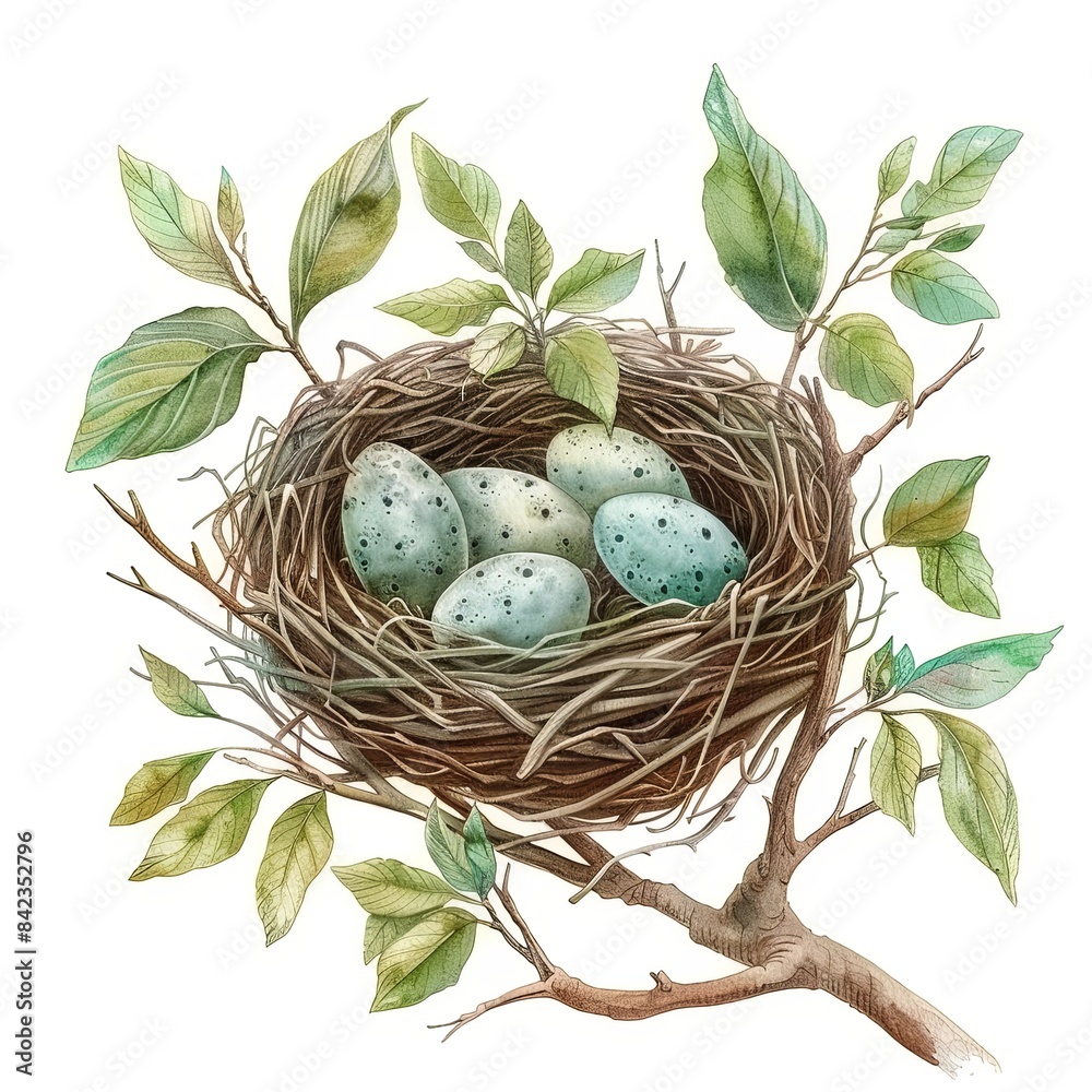 Bird nest with eggs on tree branch watercolor clipart illustration on ...