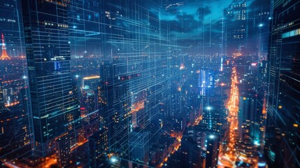 Poster - A cyberpunk cityscape at night with holographic grid displays projected onto skyscrapers.