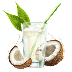 Fresh coconut water with coconut pieces and straw on transparent background clipart

