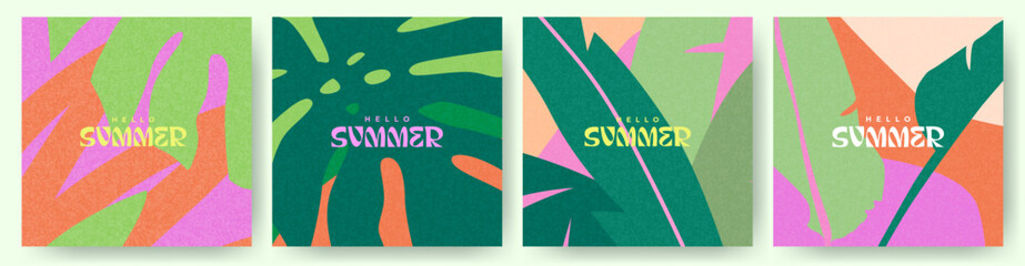 Wall Mural - creative concept of summer bright cards set with abstract tropical leaves. modern art minimalist sty