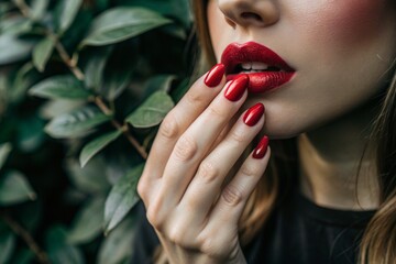 A sexy woman touching her painted red lips with a manicure on her red nails. Cosmetic products, fashionable lipstick, lip gloss and nail polish. A sensual woman.