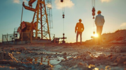 Blurry focus on oil drillers working with an oil derrick in the background, capturing the rough texture of the scene in a raw, unfiltered style