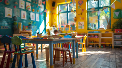 Wall Mural - A cozy corner of a preschool classroom with small tables, colorful chairs, art supplies, and children's drawings on the walls.