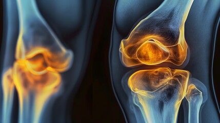Canvas Print - 2. Against a backdrop of medical precision, an X-ray image meticulously captures the structural changes within an inflamed and arthritic human knee joint, providing valuable insights into the