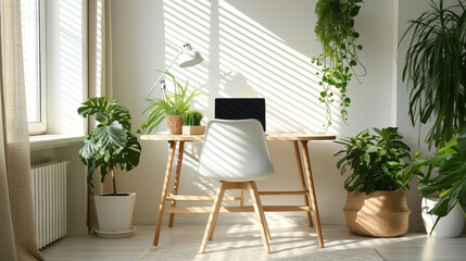 minimalist Home office interior Workplace tropical pot plant. Contemporary minimal Home office Atmosphere with Stylish Furniture and Natural plant tropical