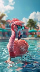 Wall Mural - flamingo in sunglasses on summer background