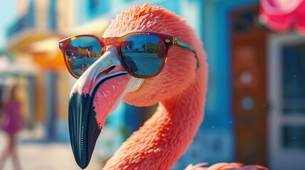 Wall Mural - flamingo in sunglasses on summer background