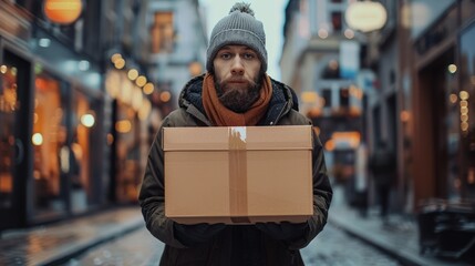 Delivery branding mockup with blank packaging and male courier carrying large box