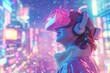 © Koon - a girl using vr glasses surrounded by futuristic and fantasy cities landscape view bokeh style background