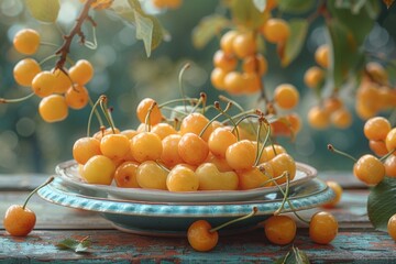 Wall Mural - yellow cherries on a plate on the table, blurred background of an orchard, a pastoral scene of tranquility
