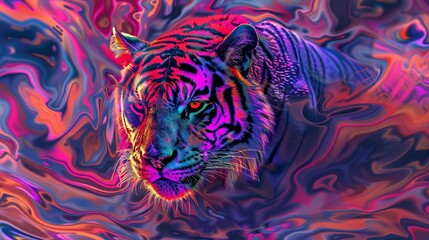 Neonlit tiger, Psychedelic, Bright Colors, Digital Art, Dynamic background with swirling patterns