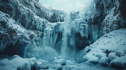 A majestic frozen waterfall in a snowy mountain landscape, side view, capturing the serene beauty of winter
