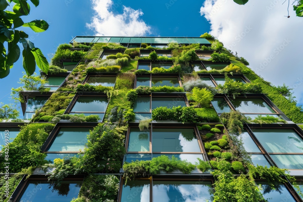 View of A modern eco-friendly building featuring lush green walls, blending ...