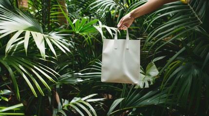 Wall Mural - Hand Holding Shopping Bag in Tropical Forest