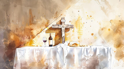 A watercolor painting depicting the Last Supper with a cross, wine, bread, and a white tablecloth