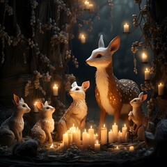Wall Mural - Christmas and New Year background with deer and candles. 3d rendering