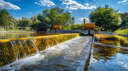 Wall Mural - Yellow water flows out of the industrial treatment plant, highlighting the need for efficient cleaning and ecological awareness