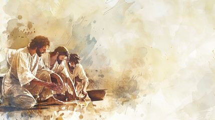 Wall Mural - A painting depicting Jesus kneeling and washing the feet of his disciples, showcasing humility and service