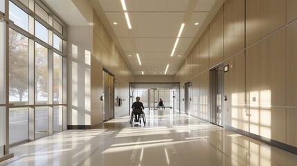 A spacious, well-lit hallway with automatic doors ensures easy wheelchair access and visitor comfort.