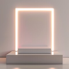 Wall Mural - Minimalist Neon White Cube Podium A simple yet elegant cubic podium outlined in bright neon white, AI Generative