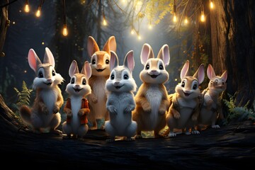 Wall Mural - Cute little rabbits in the forest. 3d render illustration.