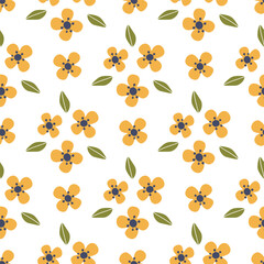Wall Mural - Floral vector seamless pattern. Trendy simple yellow flower with leaves on white background. Summer meadow flowers illustration. Print for digital paper, fabric, wrapping, scrapbooking, baby clothes.