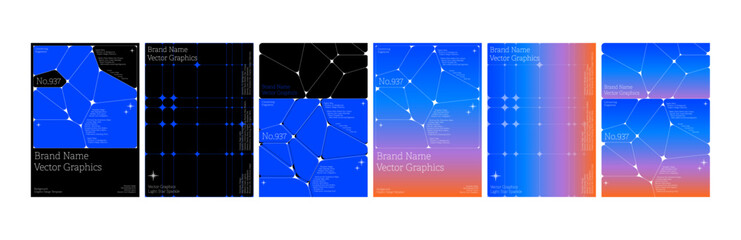 Graphic poster design template set connecting fragments spiderweb Broken glass abstract geometric star light sparkle shiny gradient black blue background trendy simple modern style creative flyer
