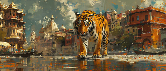 A tiger walking along a waterfront street in a vibrant city