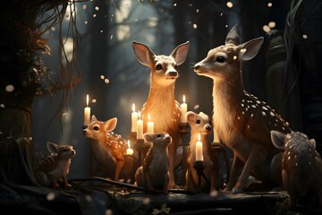 Wall Mural - Fawns in the forest with candles. 3d rendering.
