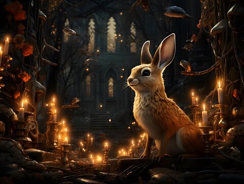 3d rendering of a little rabbit in a fairy-tale forest