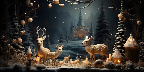 Wall Mural - Christmas Nativity Scene with Deer, Christmas Tree and Winter Landscape