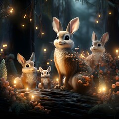 Wall Mural - Easter background with three rabbits in the forest. 3d rendering