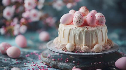 Wall Mural - Easter cake with pink eggs.