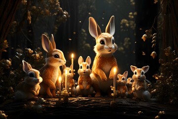 Wall Mural - Easter rabbits and candles in the dark forest. 3d rendering