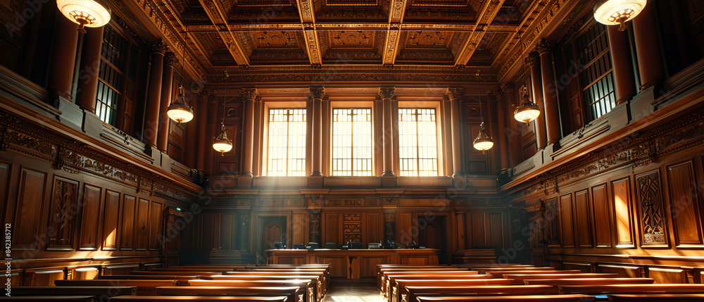 Courtroom with ornate ceiling and large windows Stock Photo | Adobe Stock