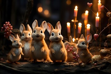 Wall Mural - Easter decoration with cute little rabbits and candles on dark background.