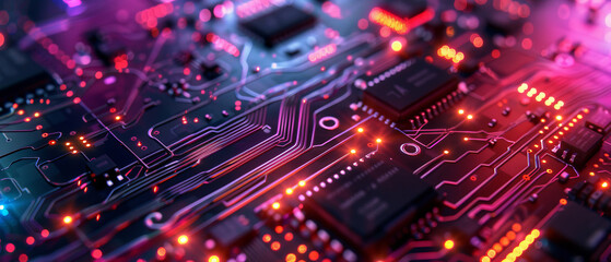 Wall Mural - Dynamic highresolution closeup of digital circuit board with multicolored lights