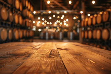 Wall Mural - An elegant, polished oak tasting table in the foreground with a blurred background of a high-end whisky distillery. The background includes rows of oak barrels.