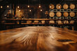 © grey - An elegant, polished oak tasting table in the foreground with a blurred background of a high-end whisky distillery. The background includes rows of oak barrels.