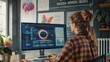 © klss777 - An artsy office corner has a blogger crafting an infographic on a large monitor, with an inspiring quote on the wall.