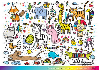 Wall Mural - Cute animal hand drawn Doodle Vector