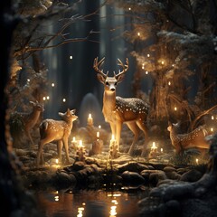 Wall Mural - Deer in the forest with garland lights. 3d rendering